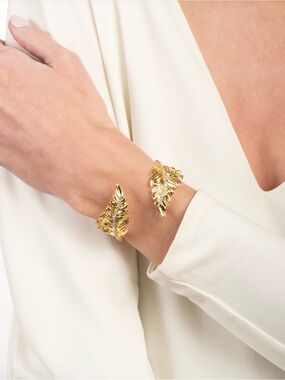 NEW Alexis Bittar Double Pavé Feather Bracelet 14K Gold Plate Clear C Z JL11